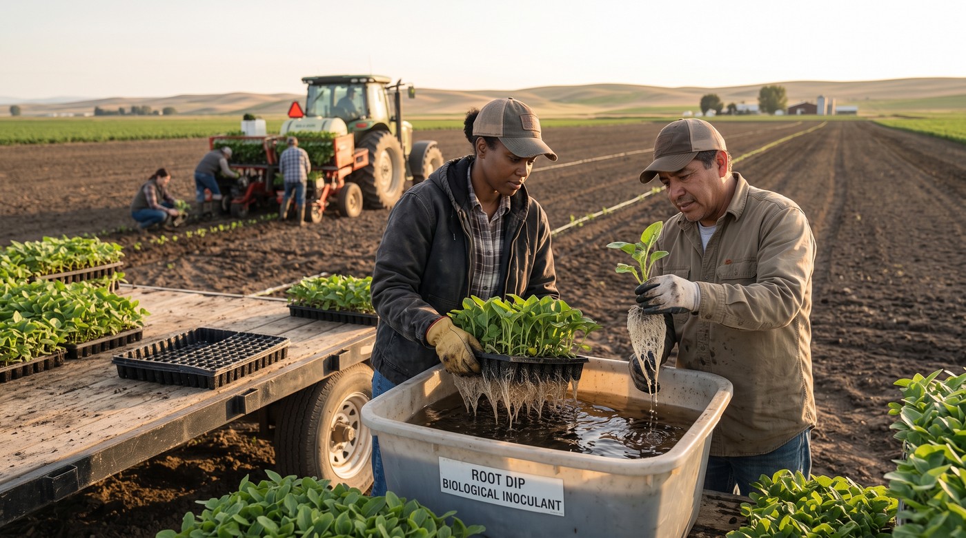 Growers dipping transplant roots in a biological inoculant